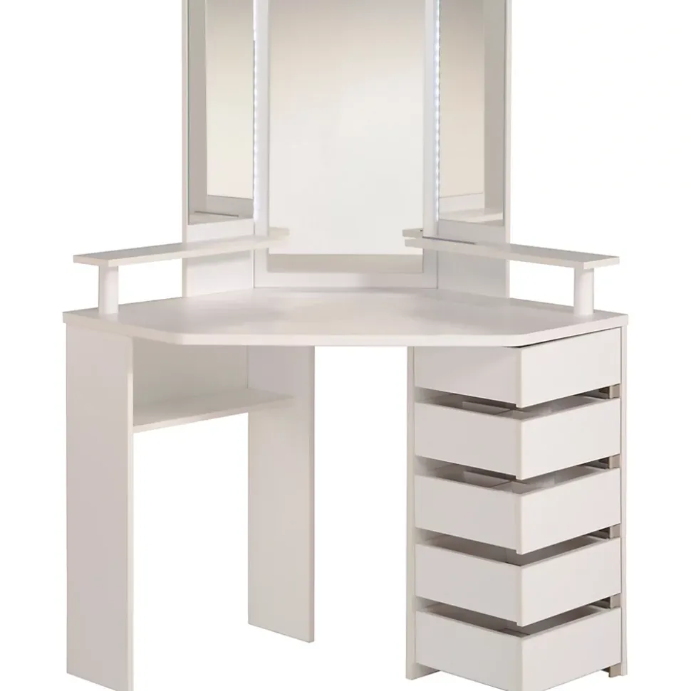 Coiffeuse avec miroir, éclairage intégré, étagère, 5 tiroirs blanc Volage