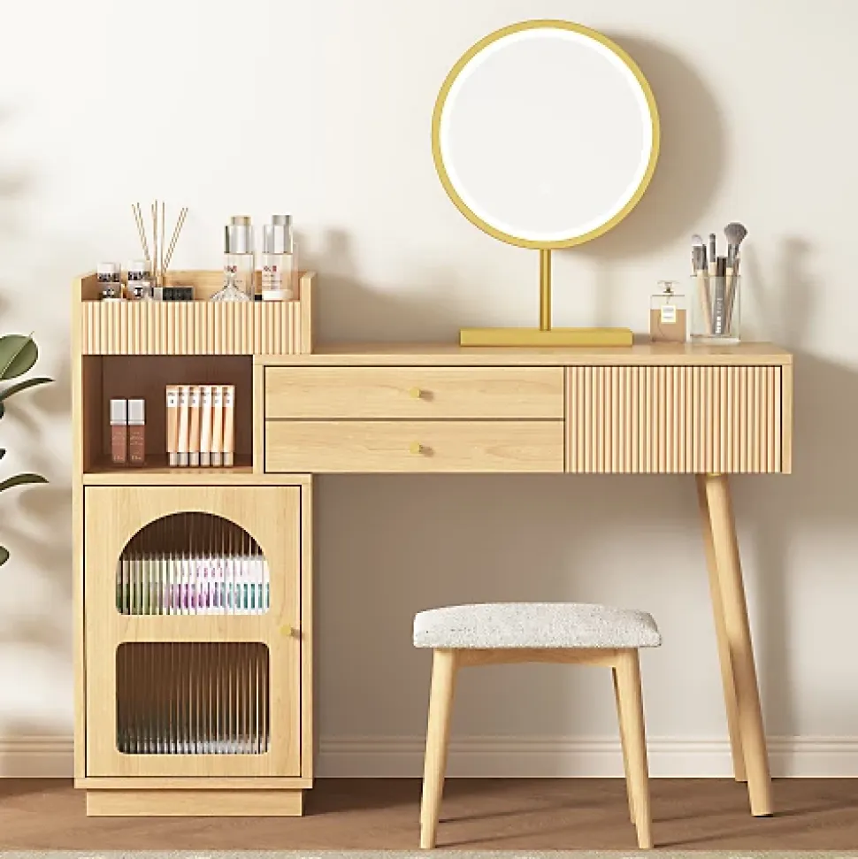 Coiffeuse avec Miroir de Maquillage LED Tiroirs et Meuble Latéral 120x 40x 90 cm