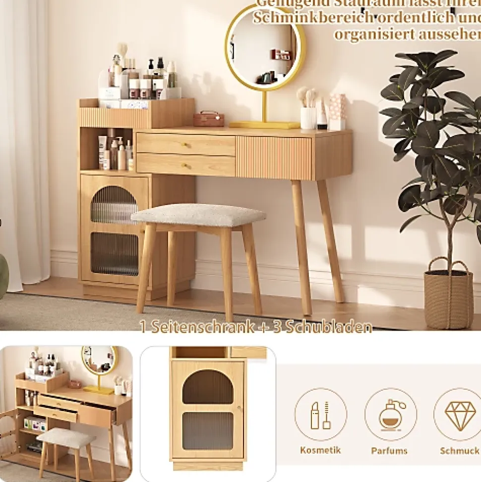 Coiffeuse avec Miroir de Maquillage LED Tiroirs et Meuble Latéral 120x 40x 90 cm