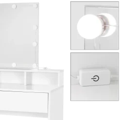 Coiffeuse avec miroir et LED table de maquillage MDF avec 2 tiroirs 80x40x140 cm