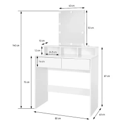 Coiffeuse avec miroir et LED table de maquillage MDF avec 2 tiroirs 80x40x140 cm