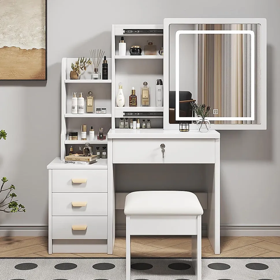 Coiffeuse avec miroir et éclairage,tabouret inclus,85x130x36cm,blanc,éclairage réglable 3 couleurs,4 tiroirs
