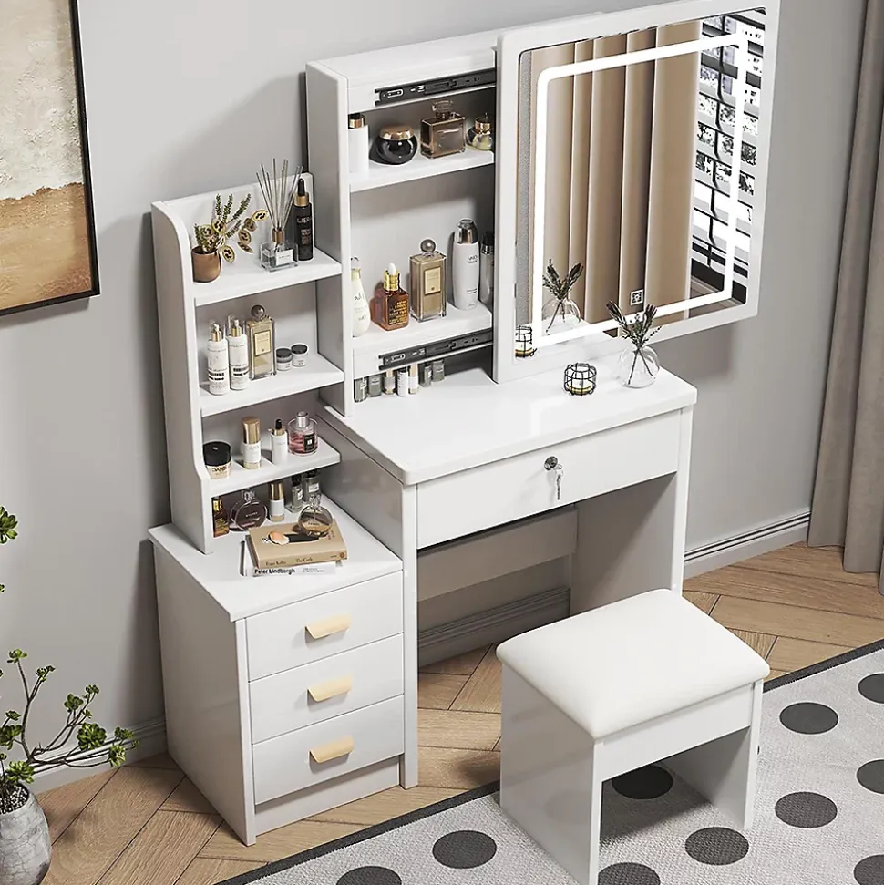 Coiffeuse avec miroir et éclairage,tabouret inclus,85x130x36cm,blanc,éclairage réglable 3 couleurs,4 tiroirs