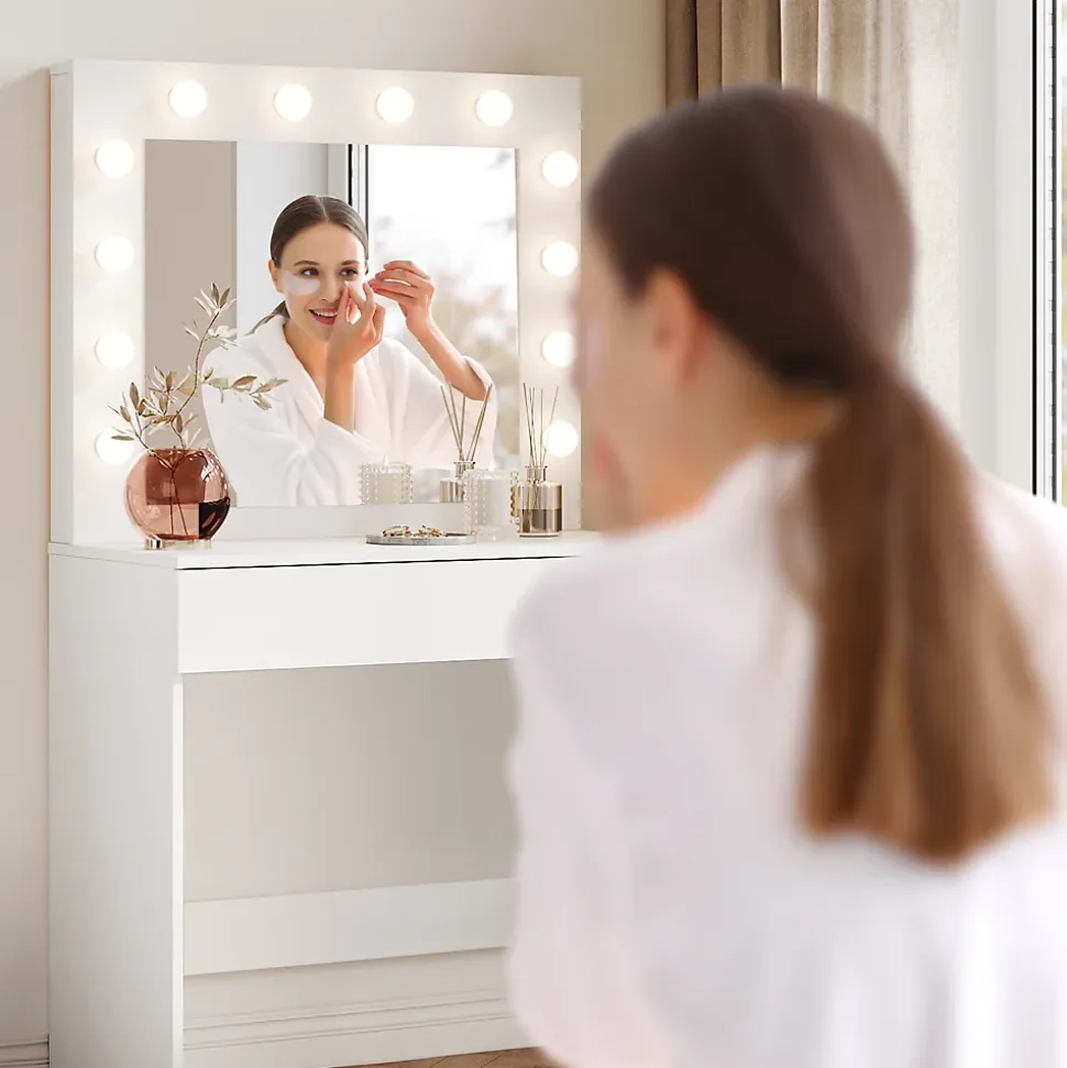 Coiffeuse avec Miroir et Tabouret Blanc 80x40x140cm SIRHONA Ensemble de Coiffeuse Blanche avec Ampoules LED
