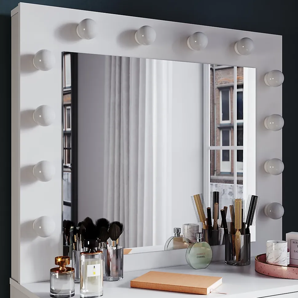 Coiffeuse avec Miroir et Tabouret Blanc 80x40x140cm SIRHONA Ensemble de Coiffeuse Blanche avec Ampoules LED