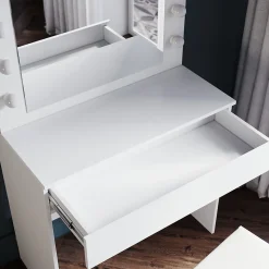 Coiffeuse avec Miroir et Tabouret Blanc 80x40x140cm SIRHONA Ensemble de Coiffeuse Blanche avec Ampoules LED