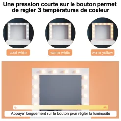 Coiffeuse avec Miroir et Tabouret Blanc 80x40x140cm SIRHONA Ensemble de Coiffeuse Blanche avec Ampoules LED