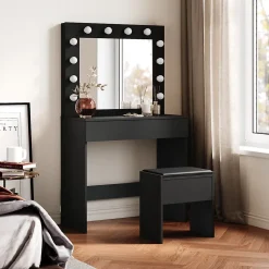 Coiffeuse avec Miroir et Tabouret Noir 80x40x140cm SIRHONA Ensemble de Coiffeuse avec Ampoules LED