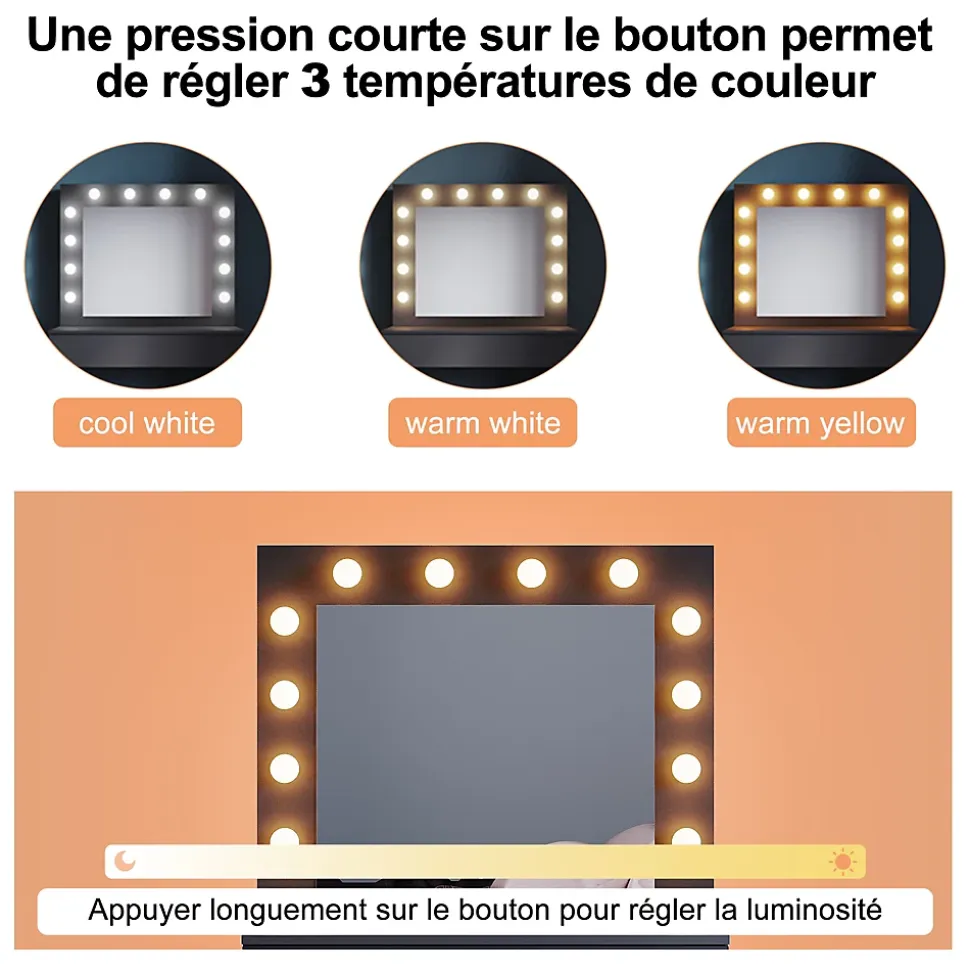 Coiffeuse avec Miroir et Tabouret Noir 80x40x140cm SIRHONA Ensemble de Coiffeuse avec Ampoules LED