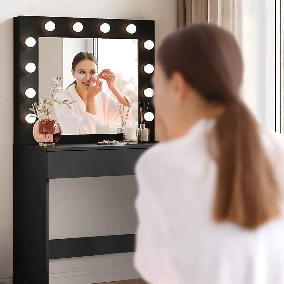 Coiffeuse avec Miroir et Tabouret Noir 80x40x140cm SIRHONA Ensemble de Coiffeuse avec Ampoules LED