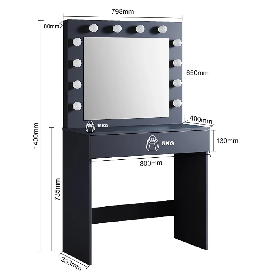 Coiffeuse avec Miroir et Tabouret Noir 80x40x140cm SIRHONA Ensemble de Coiffeuse avec Ampoules LED