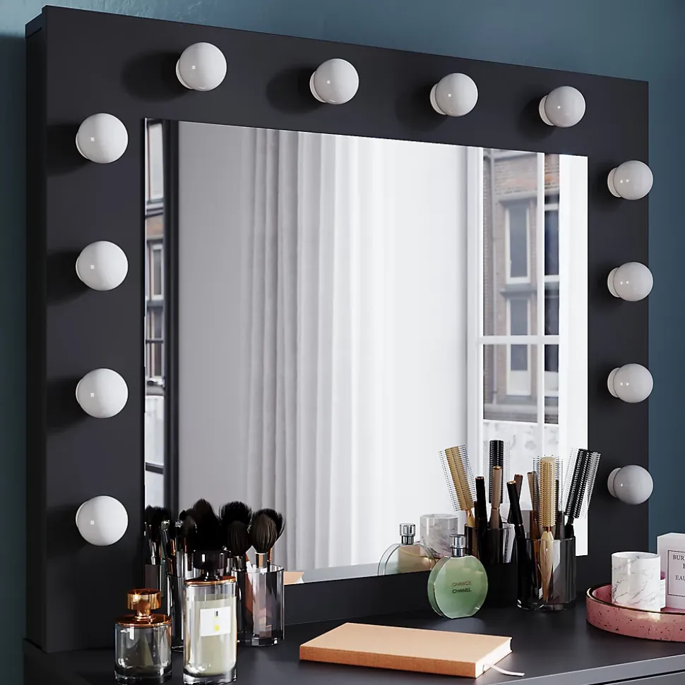 Coiffeuse avec Miroir et Tabouret Noir 80x40x140cm SIRHONA Ensemble de Coiffeuse avec Ampoules LED
