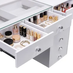 Coiffeuse Avec Miroir LED 8 Tiroirs Blanc 120x 55 cm