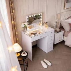 Coiffeuse avec Miroir LED 6 Tiroirs Blanc 92x 55 cm