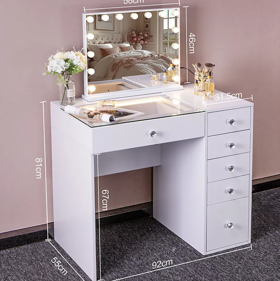Coiffeuse avec Miroir LED 6 Tiroirs Blanc 92x 55 cm