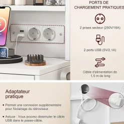 Coiffeuse avec miroir LED 3 couleurs, plateau en verre trempé, prises USB & Type-C, support sèche-cheveux, tabouret inclus