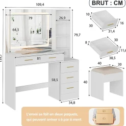 Coiffeuse avec miroir LED 3 couleurs, plateau en verre trempé, prises USB & Type-C, support sèche-cheveux, tabouret inclus