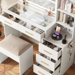 Coiffeuse avec miroir LED 3 couleurs, plateau en verre trempé, prises USB & Type-C, support sèche-cheveux, tabouret inclus