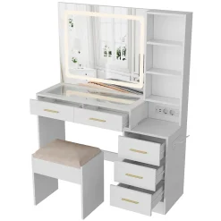 Coiffeuse avec miroir LED 3 couleurs, plateau en verre trempé, prises USB & Type-C, support sèche-cheveux, tabouret inclus