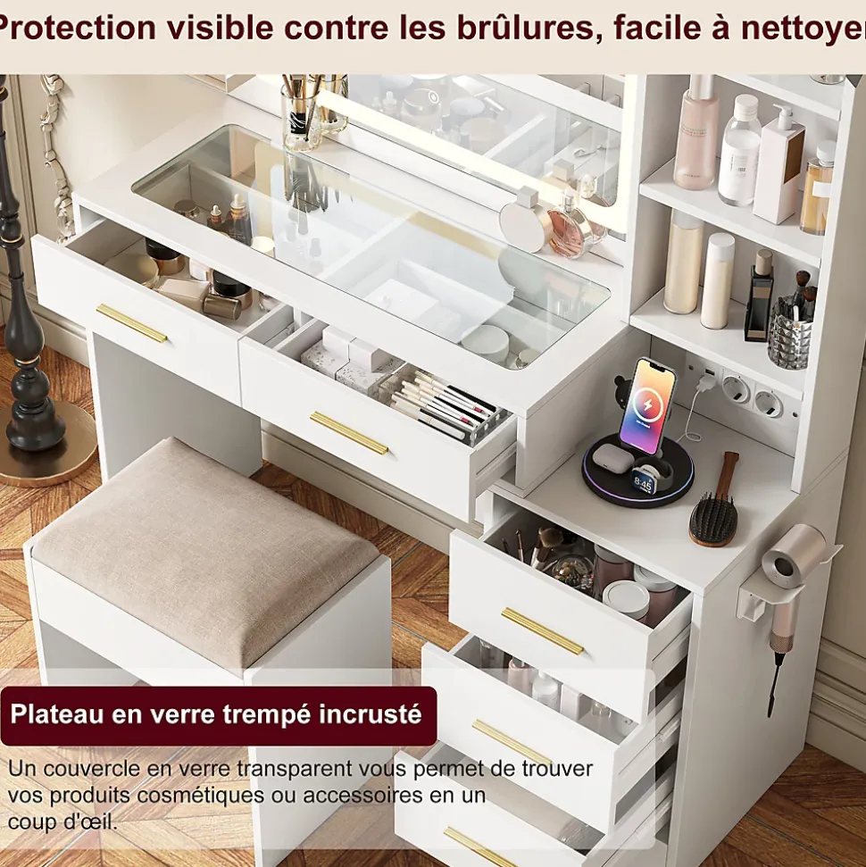 Coiffeuse avec miroir LED 3 couleurs, plateau en verre trempé, prises USB & Type-C, support sèche-cheveux, tabouret inclus