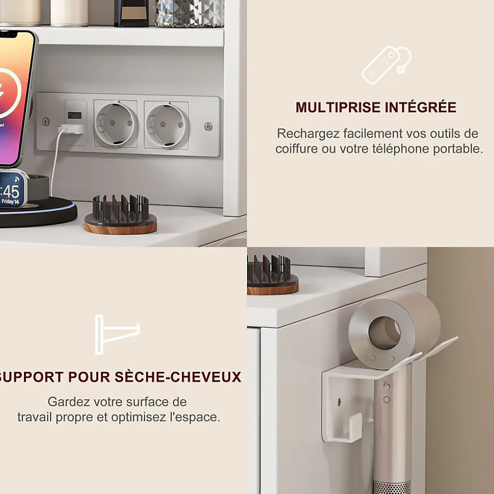 Coiffeuse avec miroir LED 3 couleurs, plateau en verre trempé, prises USB & Type-C, support sèche-cheveux, tabouret inclus