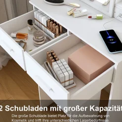 Coiffeuse avec Miroir LED et Tabouret étagère et 2 Tiroirs Blanc