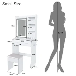 Coiffeuse avec Miroir LED et Tabouret étagère et 2 Tiroirs Blanc