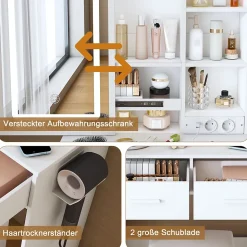 Coiffeuse avec Miroir LED et Tabouret étagère et 2 Tiroirs Blanc