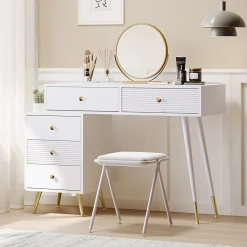 Coiffeuse avec Miroir LED - Table de Maquillage avec Rangement Latéral Réglable et design Extensible - 100x40x78 cm - Blanc