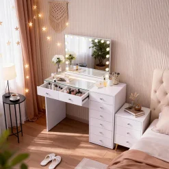 Coiffeuse Avec Miroir LED 8 Tiroirs Blanc 120x 55 cm