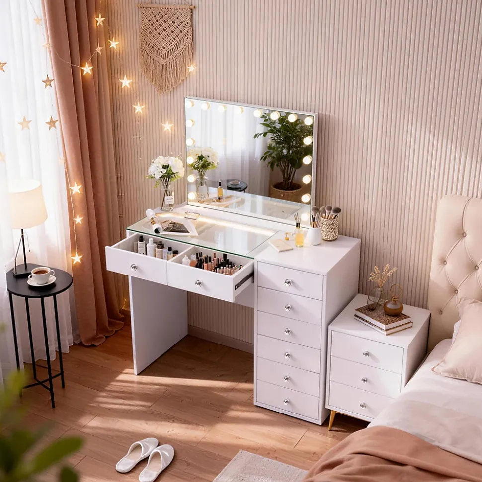 Coiffeuse Avec Miroir LED 8 Tiroirs Blanc 120x 55 cm