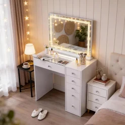 Coiffeuse avec Miroir LED 6 Tiroirs Blanc 92x 55 cm