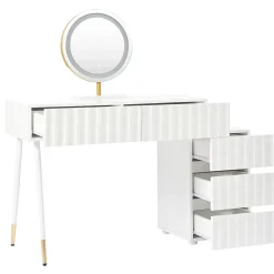 Coiffeuse avec Miroir LED et 5 Tiroirs, Espace de Rangement pour Cosmétiques, 100x40x127 cm, Blanc