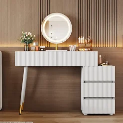 Coiffeuse avec Miroir LED et 5 Tiroirs, Espace de Rangement pour Cosmétiques, 100x40x127 cm, Blanc
