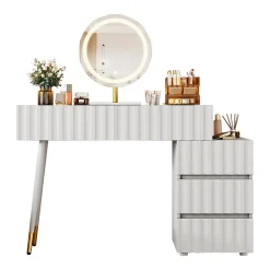 Coiffeuse avec Miroir LED et 5 Tiroirs, Espace de Rangement pour Cosmétiques, 100x40x127 cm, Blanc