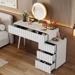 Coiffeuse avec Miroir LED et 5 Tiroirs, Espace de Rangement pour Cosmétiques, 100x40x127 cm, Blanc