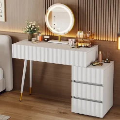 Coiffeuse avec Miroir LED et 5 Tiroirs, Espace de Rangement pour Cosmétiques, 100x40x127 cm, Blanc
