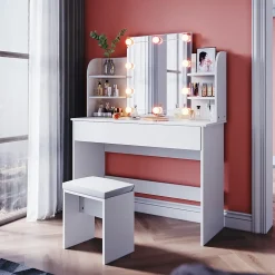 Coiffeuse avec Miroir LED et Tabouret SIRHONA 108 x 40 x 140 cm avec Tiroir et 4 étagères Blanc