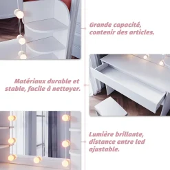 Coiffeuse avec Miroir LED et Tabouret SIRHONA 108 x 40 x 140 cm avec Tiroir et 4 étagères Blanc
