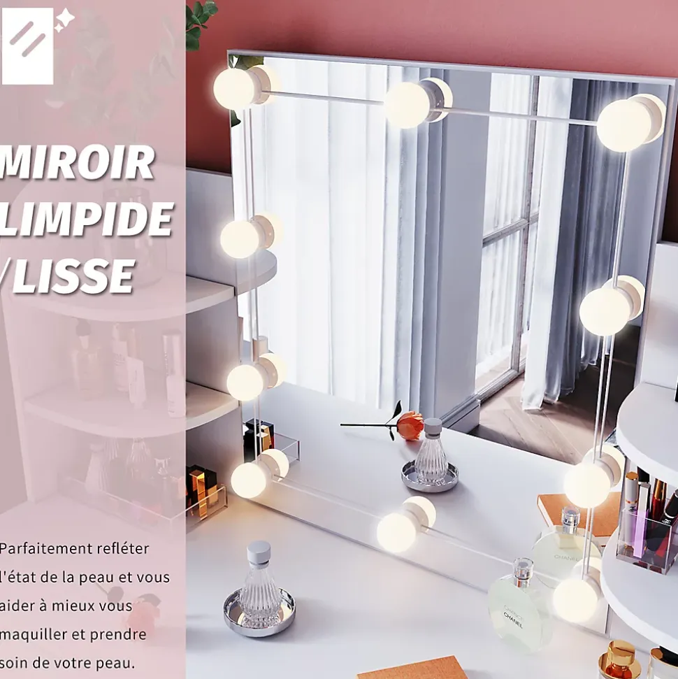 Coiffeuse avec Miroir LED et Tabouret SIRHONA 108 x 40 x 140 cm avec Tiroir et 4 étagères Blanc