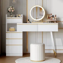 Coiffeuse avec Miroir LED - Table de Maquillage Moderne avec 3 Tiroirs et Rangement Fermé - Sans Tabouret - Blanc - 100x40x124 cm