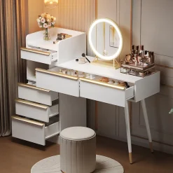 Coiffeuse avec Miroir LED - Table de Maquillage Moderne avec 3 Tiroirs et Rangement Fermé - Sans Tabouret - Blanc - 100x40x124 cm