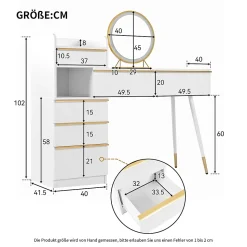Coiffeuse avec Miroir LED - Table de Maquillage Moderne avec 3 Tiroirs et Rangement Fermé - Sans Tabouret - Blanc - 100x40x124 cm
