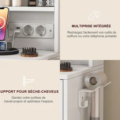 Coiffeuse avec miroir LED 3 couleurs, plateau en verre trempé, prises USB & Type-C, support sèche-cheveux, tabouret inclus
