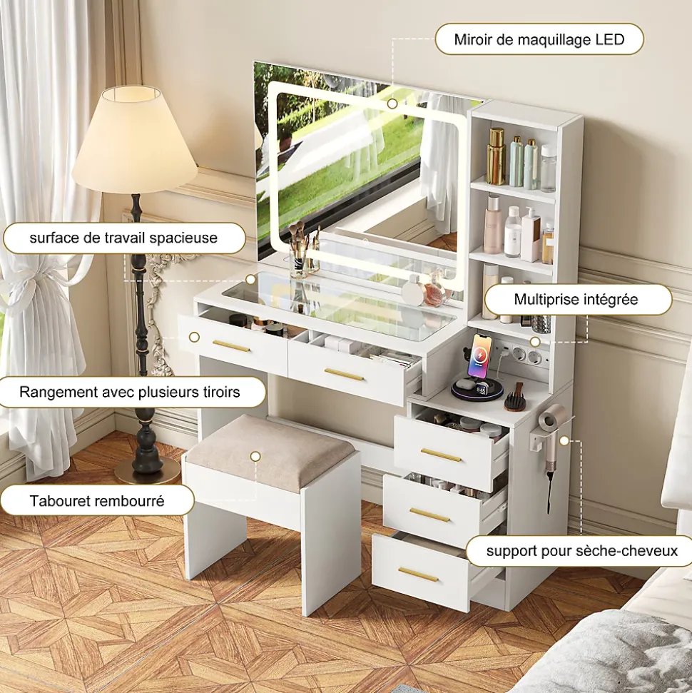 Coiffeuse avec miroir LED 3 couleurs, plateau en verre trempé, prises USB & Type-C, support sèche-cheveux, tabouret inclus