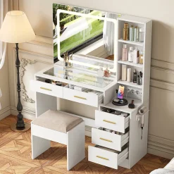 Coiffeuse avec miroir LED 3 couleurs, plateau en verre trempé, prises USB & Type-C, support sèche-cheveux, tabouret inclus
