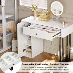Coiffeuse avec Miroir LED 3 Tons, Tiroir à 9 Cases et 3 Niveaux de Rangement 100x116x40 cm Blanc