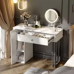 Coiffeuse avec Miroir LED 3 Tons, Tiroir à 9 Cases et 3 Niveaux de Rangement 100x116x40 cm Blanc