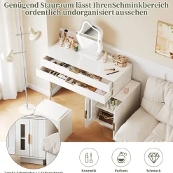 Coiffeuse avec Miroir LED Extensible - Table de Maquillage Moderne avec 2 Tiroirs - Meuble Gain de Place - Sans Tabouret - Blanc
