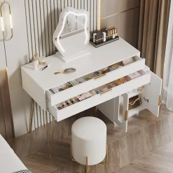 Coiffeuse avec Miroir LED Extensible - Table de Maquillage Moderne avec 2 Tiroirs - Meuble Gain de Place - Sans Tabouret - Blanc